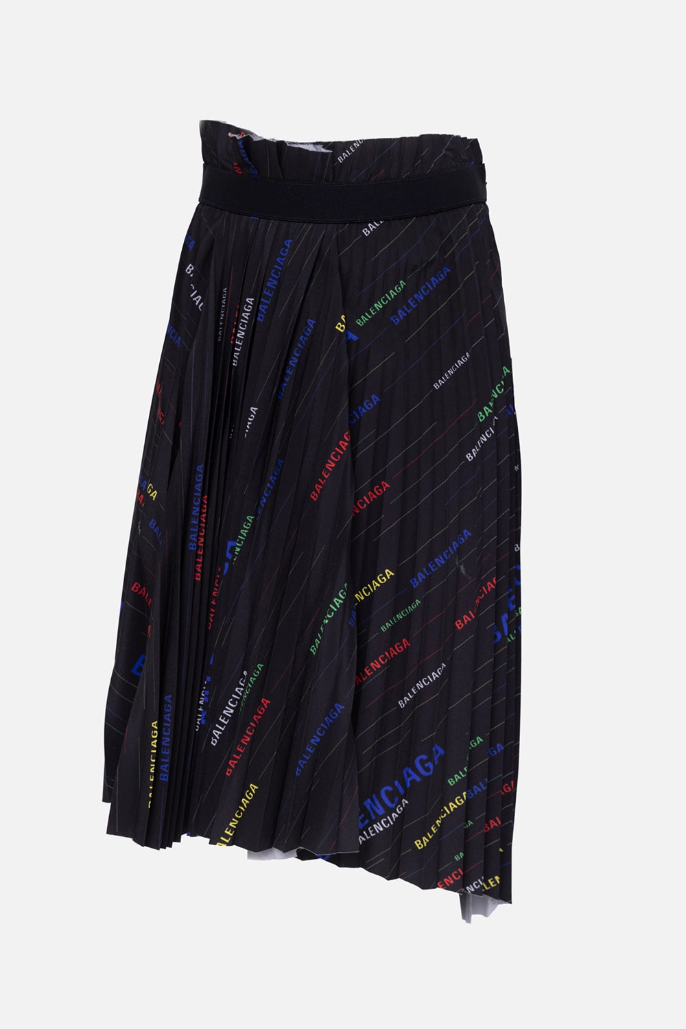 Pre-owned Balenciaga women's pleated skirt in black, front view, asymmetrical hem and multicolour logo print