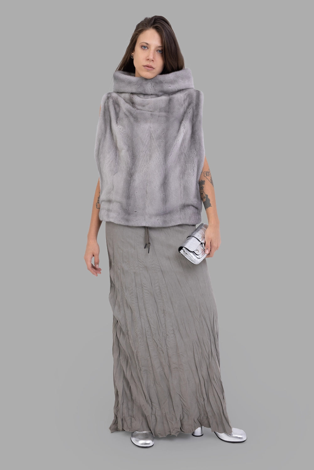 Masnada women's maxi skirt in Dust, on-model full length, crinkled texture with drawstring waist