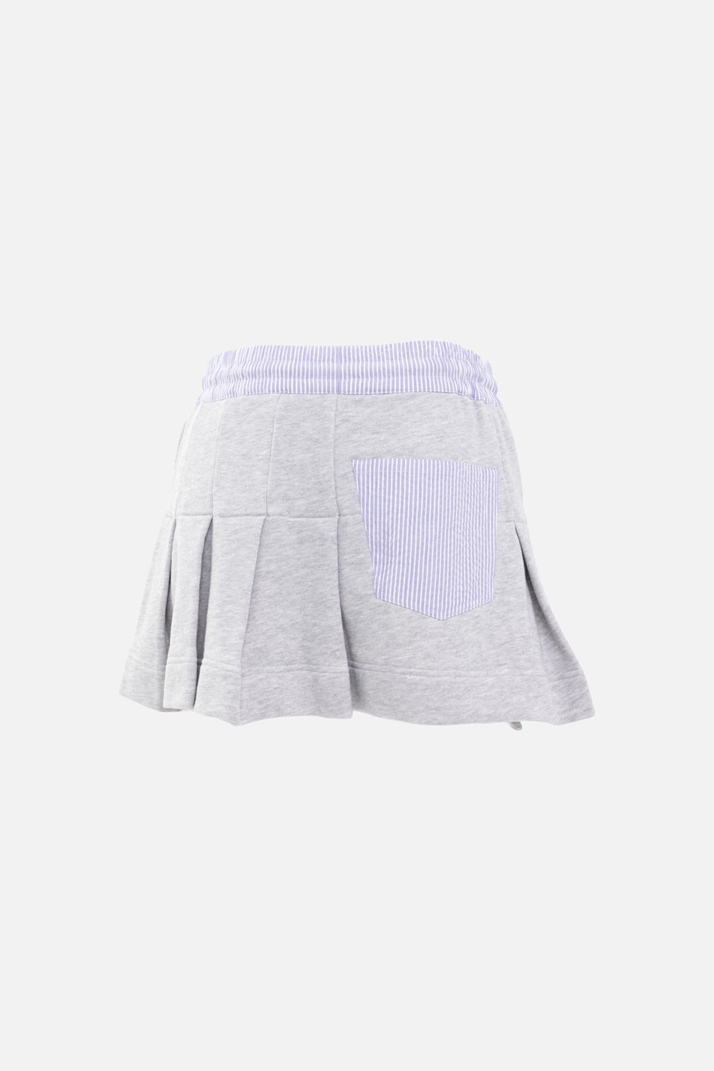 Vivienne Westwood women's cheerleader skirt in grey/white stripe, back view, patch pocket with striped insert