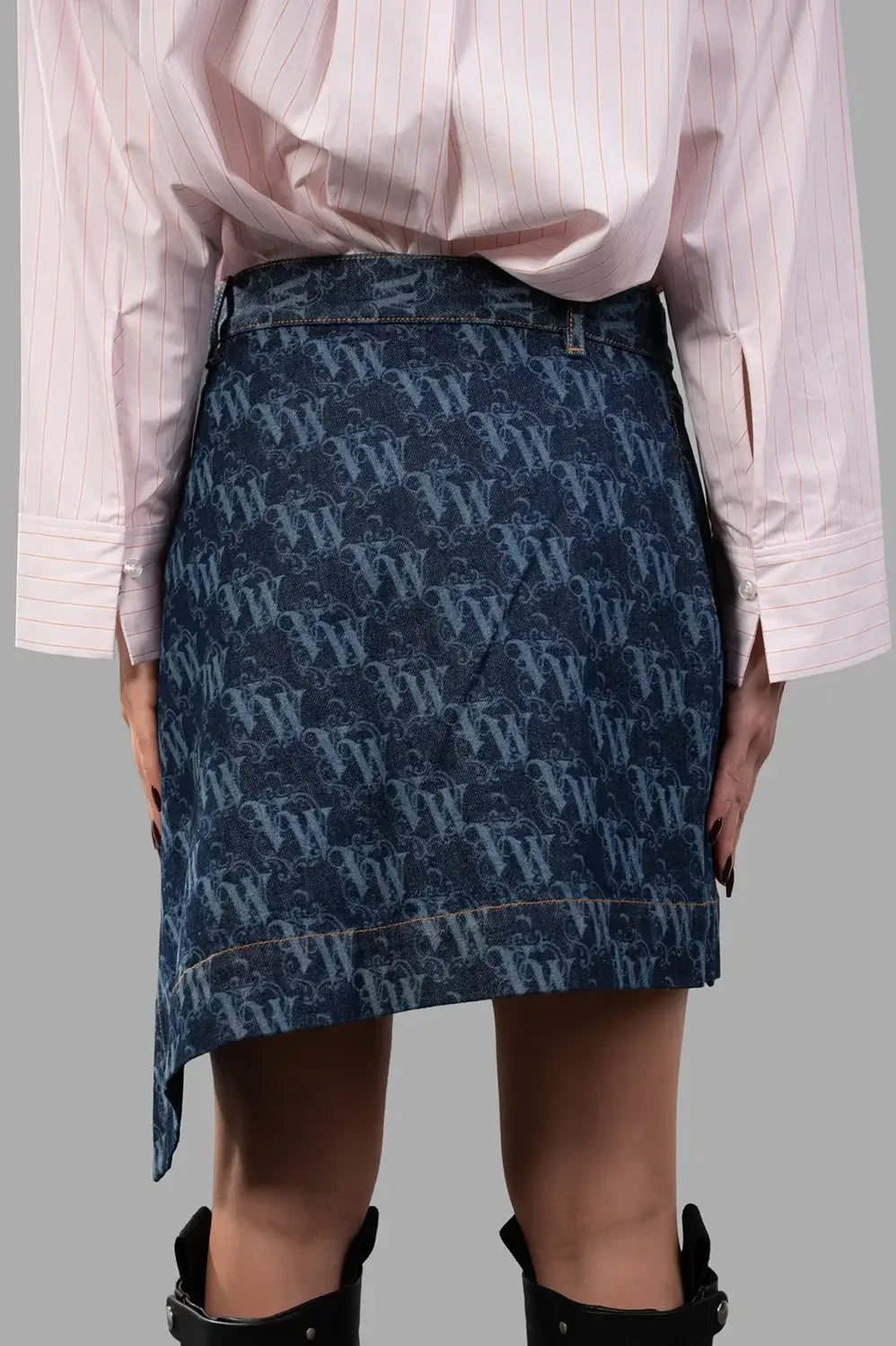 Vivienne Westwood skirt in laser denim, back view, monogram pattern and contrast topstitching