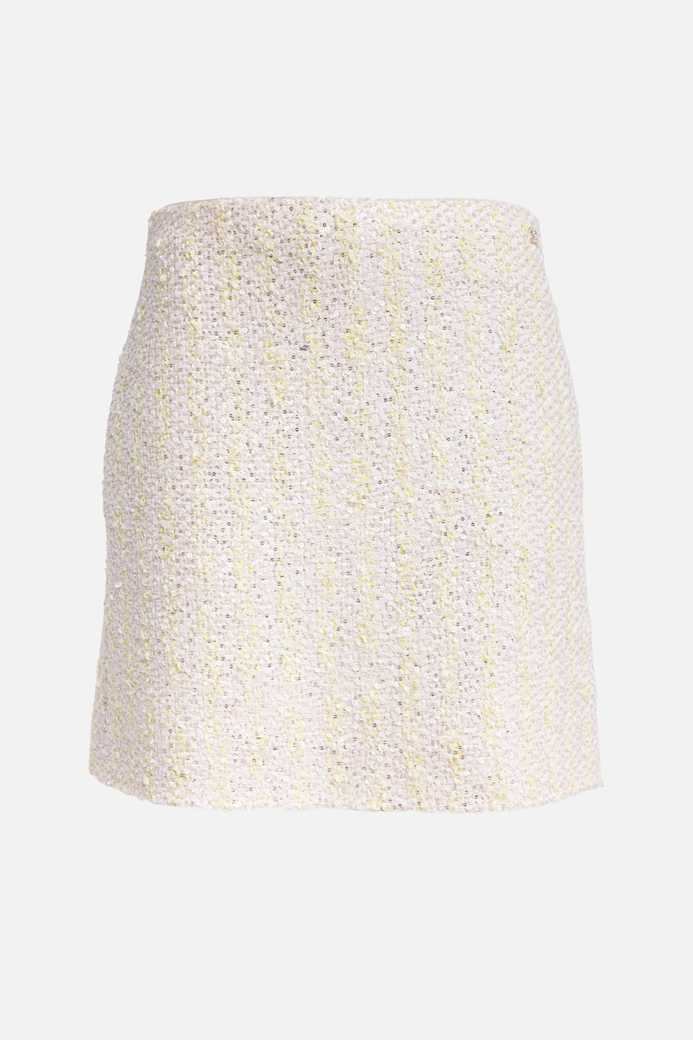 Pre-owned Chanel women's skirt in yellow and light beige, front view, sequin tweed texture and clean waistband.