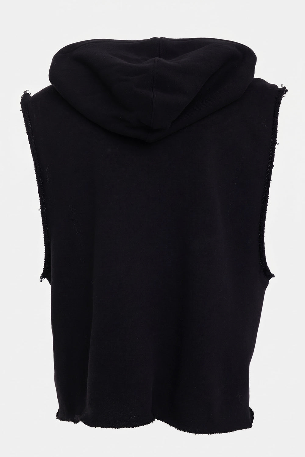 Rick Owens men's hoodie in black, back view with oversized hood, raw armholes and raw hem