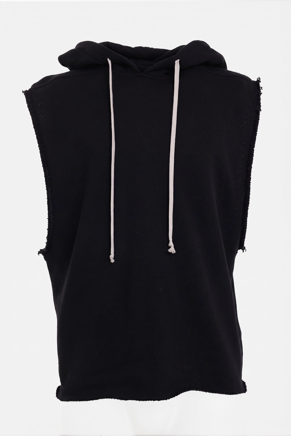 Rick Owens men's hoodie in black, front view with raw-cut armholes and pale drawstrings