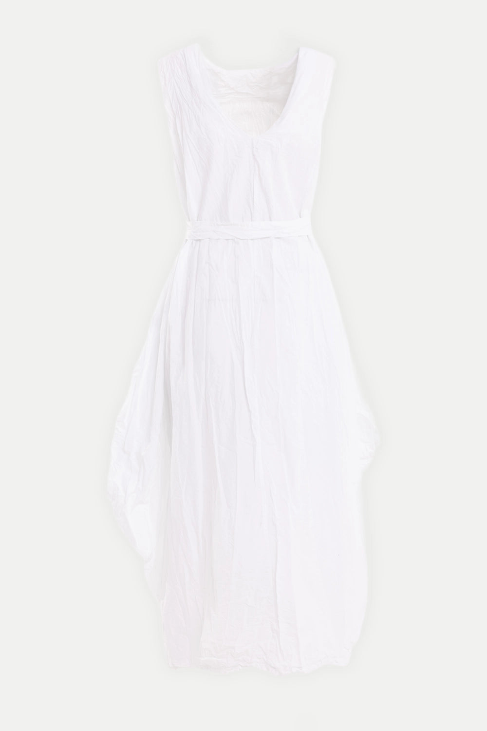 La Haine Inside Us women's sleeveless dress in white, front view, self-tie belt and rounded bubble sides