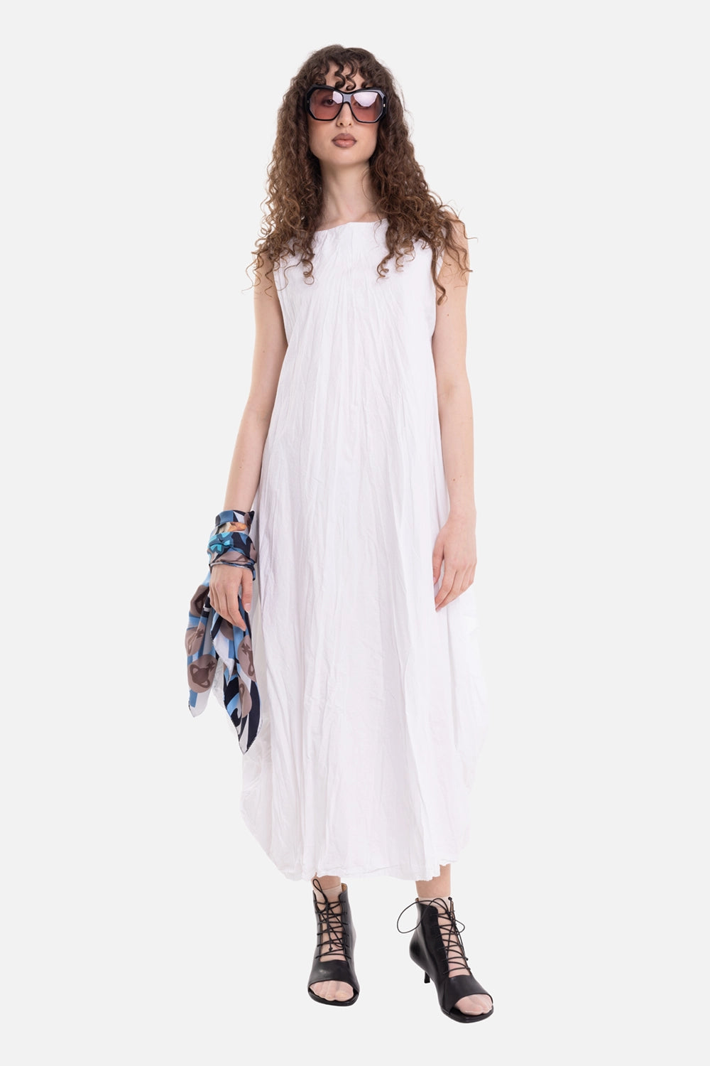 La Haine Inside Us women's sleeveless dress in white, on-model full-length view, crinkled flared shape