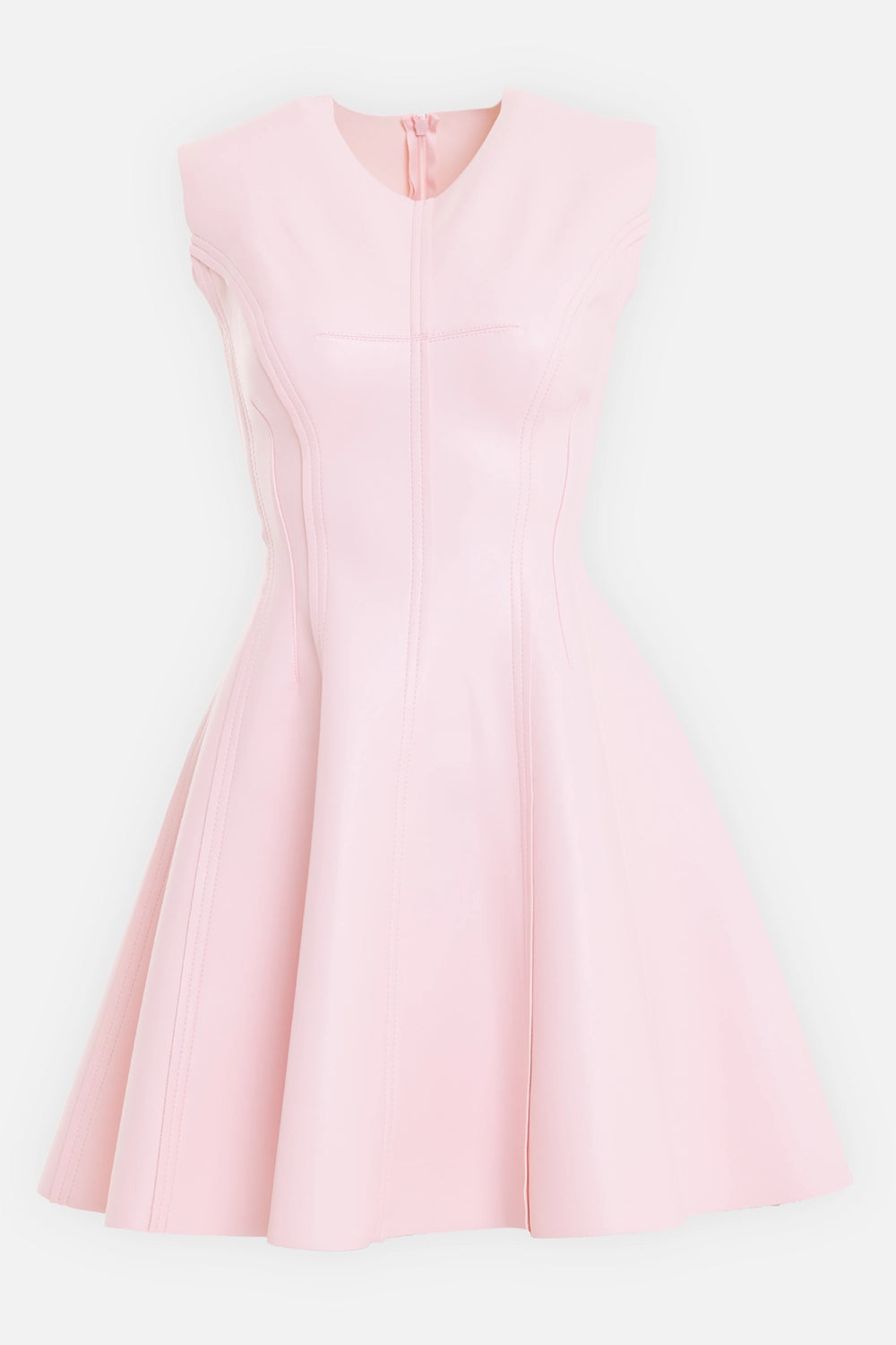 Norma Kamali women's Grace mini dress in ballet pink, front view, crew neck and raised panel seams