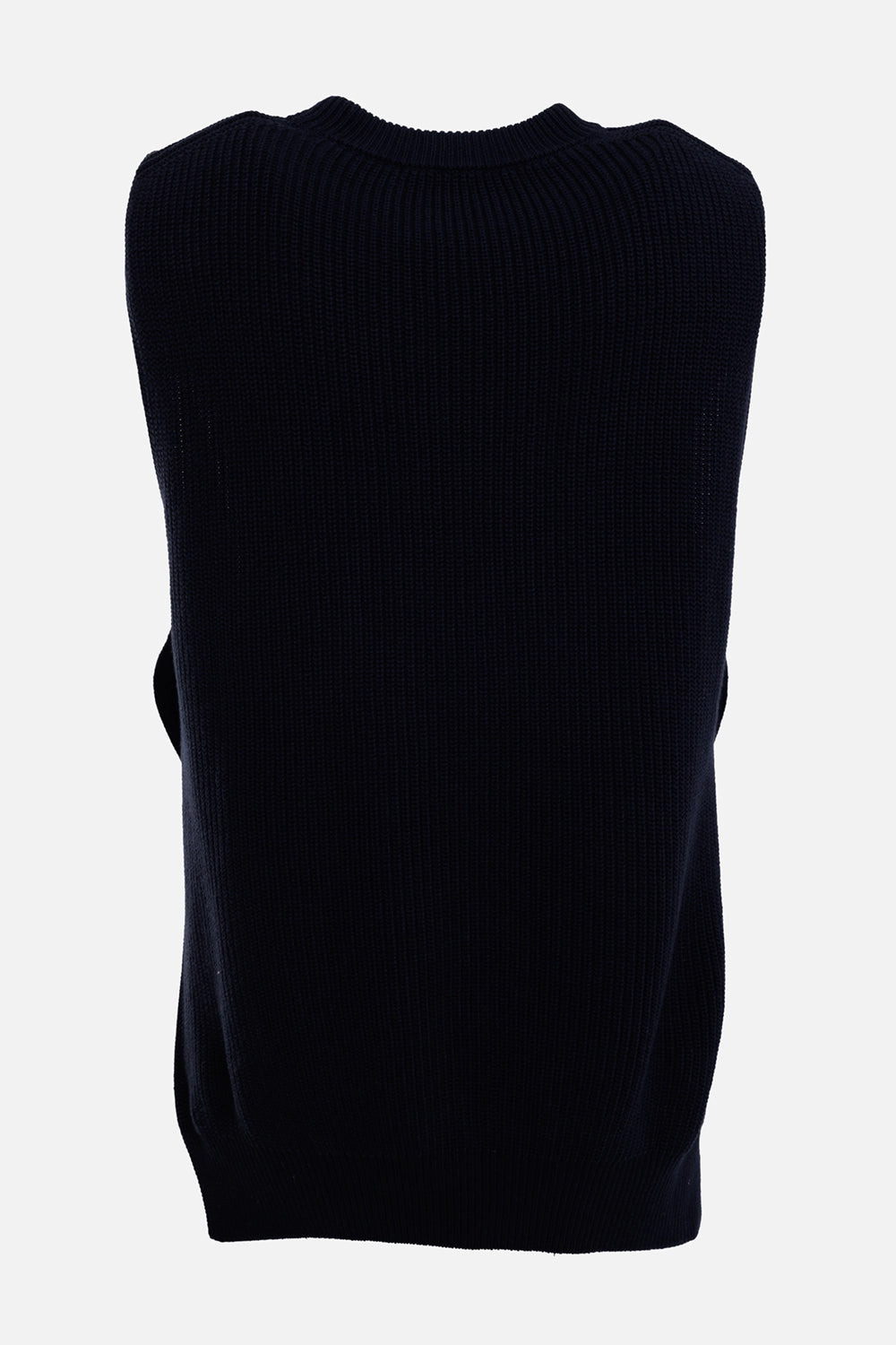 AION MB men's knit vest in blue, back view, vertical rib knit, ribbed hem and sleeveless cut