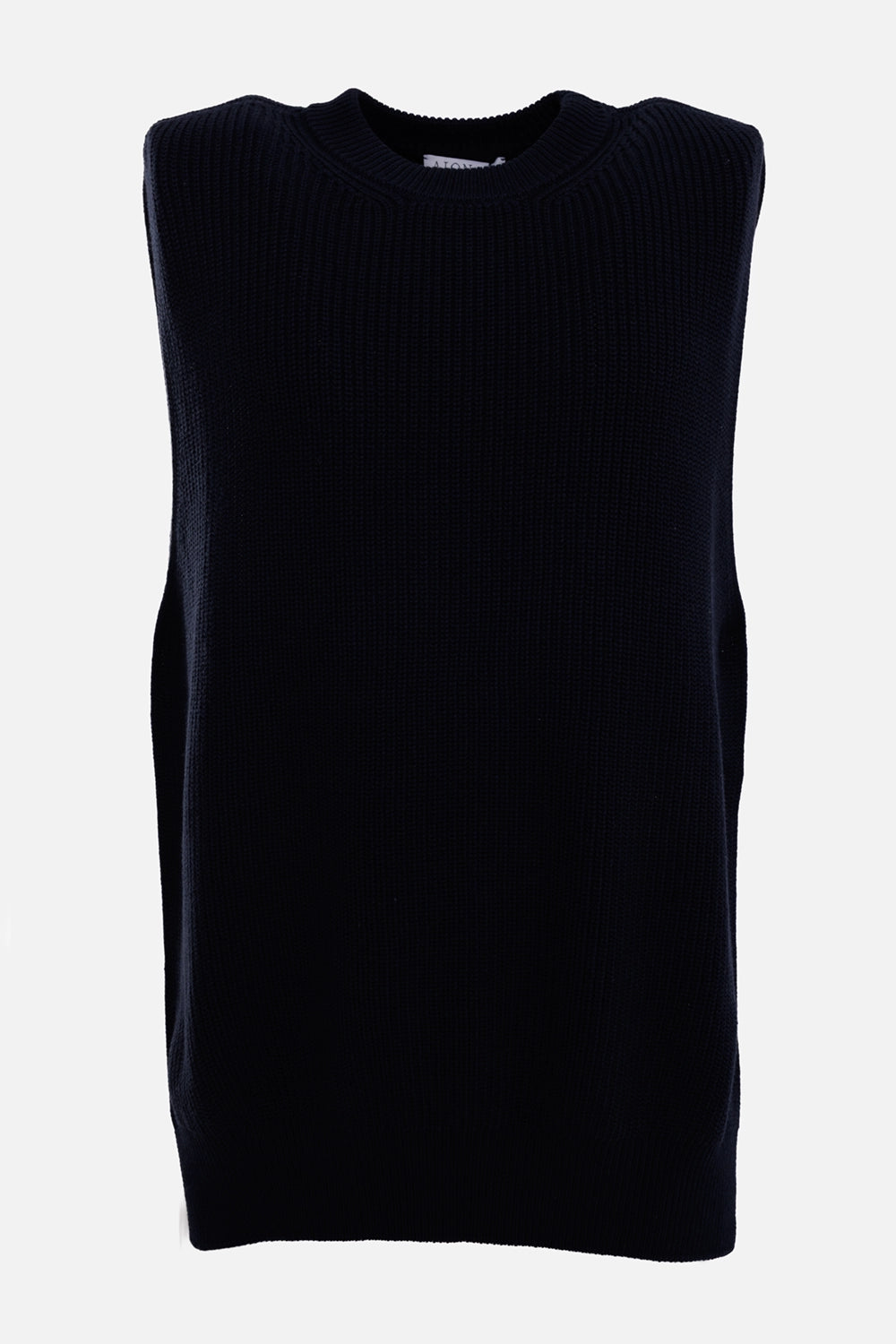 AION MB men's knit vest in blue, front view, vertical rib texture, crew neck and wide armholes