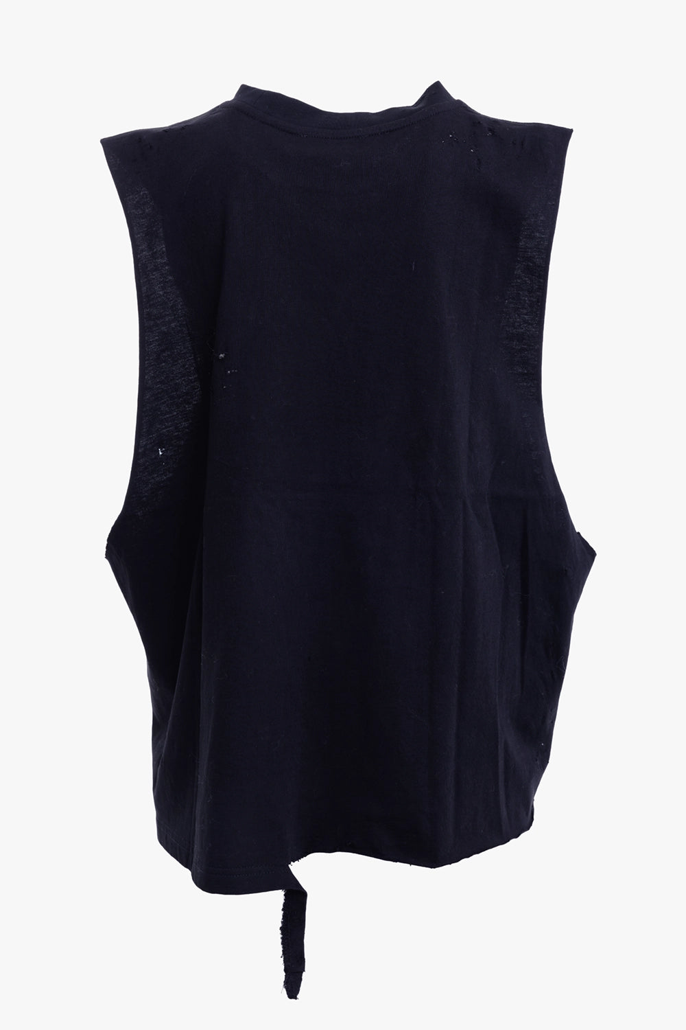 Natasha Zinko women's black sleeveless T-shirt, back view with distressed fabric and hanging hem tab