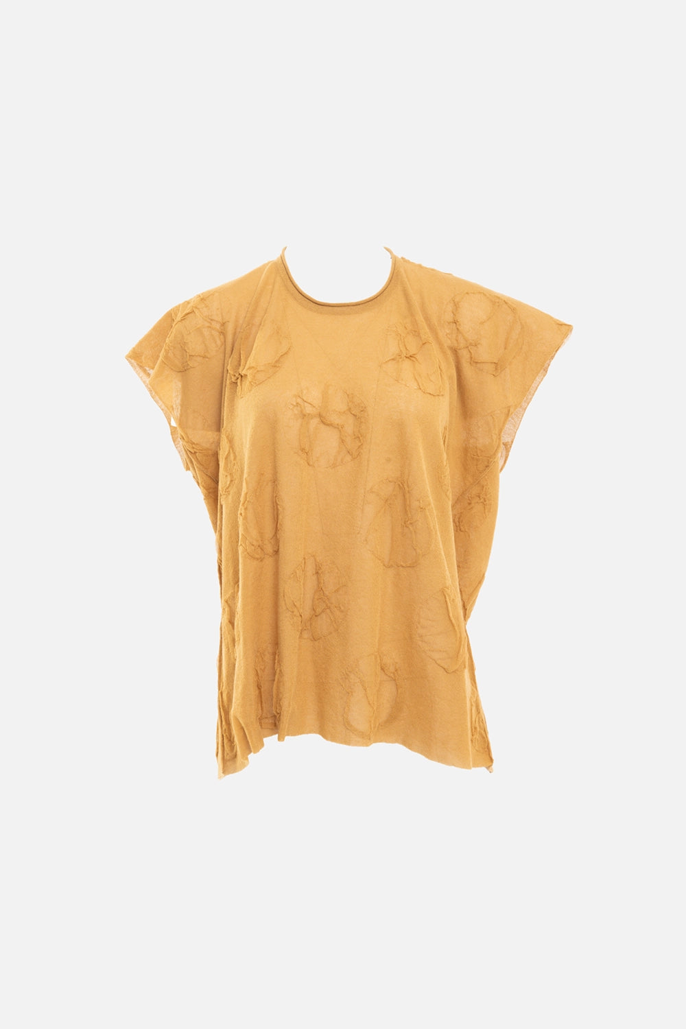 Uma Wang women’s sleeveless top in mustard, front view, sheer knit with raised pois circles and winged sleeves