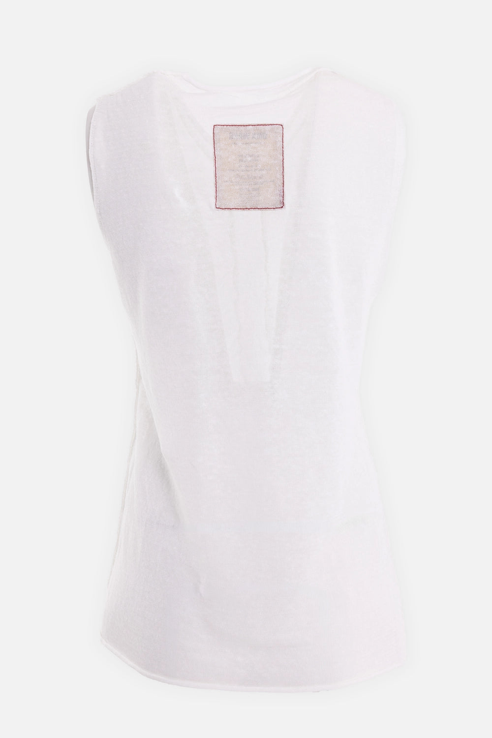 Uma Wang women's sleeveless top in off white, back view, red stitched label patch and raw arm edges