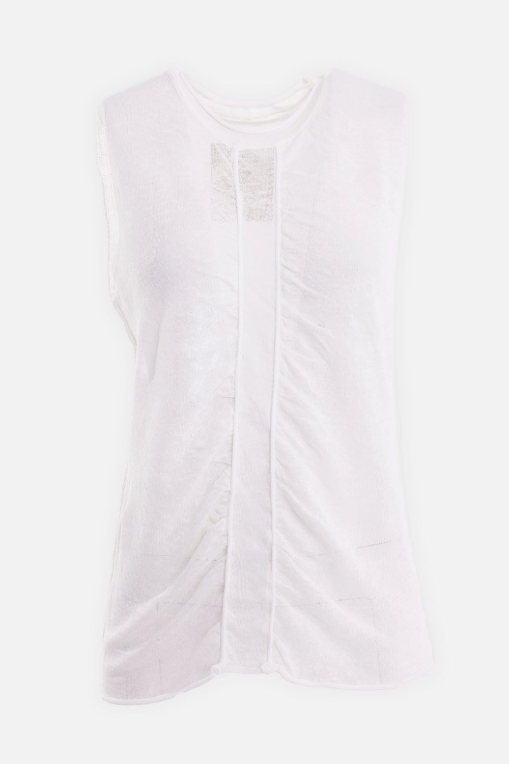 Uma Wang women's sleeveless top in off white, front view, sheer linen texture and raised centre seams