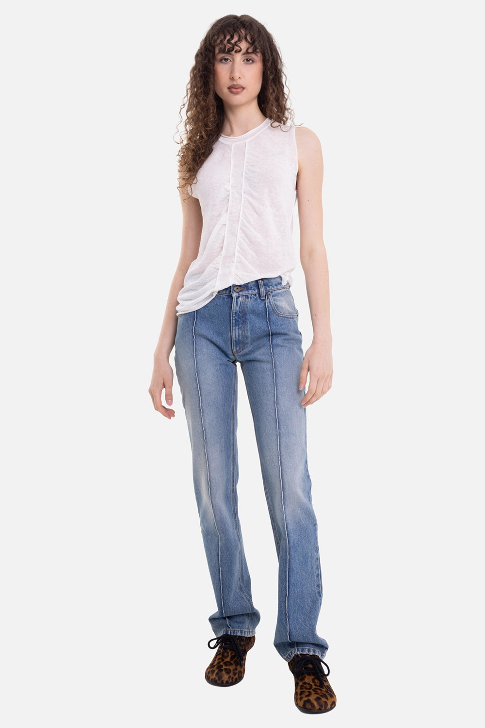 Uma Wang women's sleeveless top in off white, on-model full-length view, semi-sheer front with soft drape