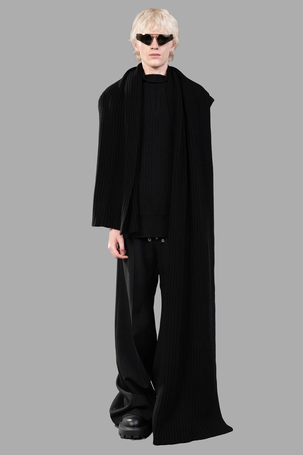 Rick Owens sleeveless turtleneck sweater in black, on-model full length with rib knit, styled with long scarf