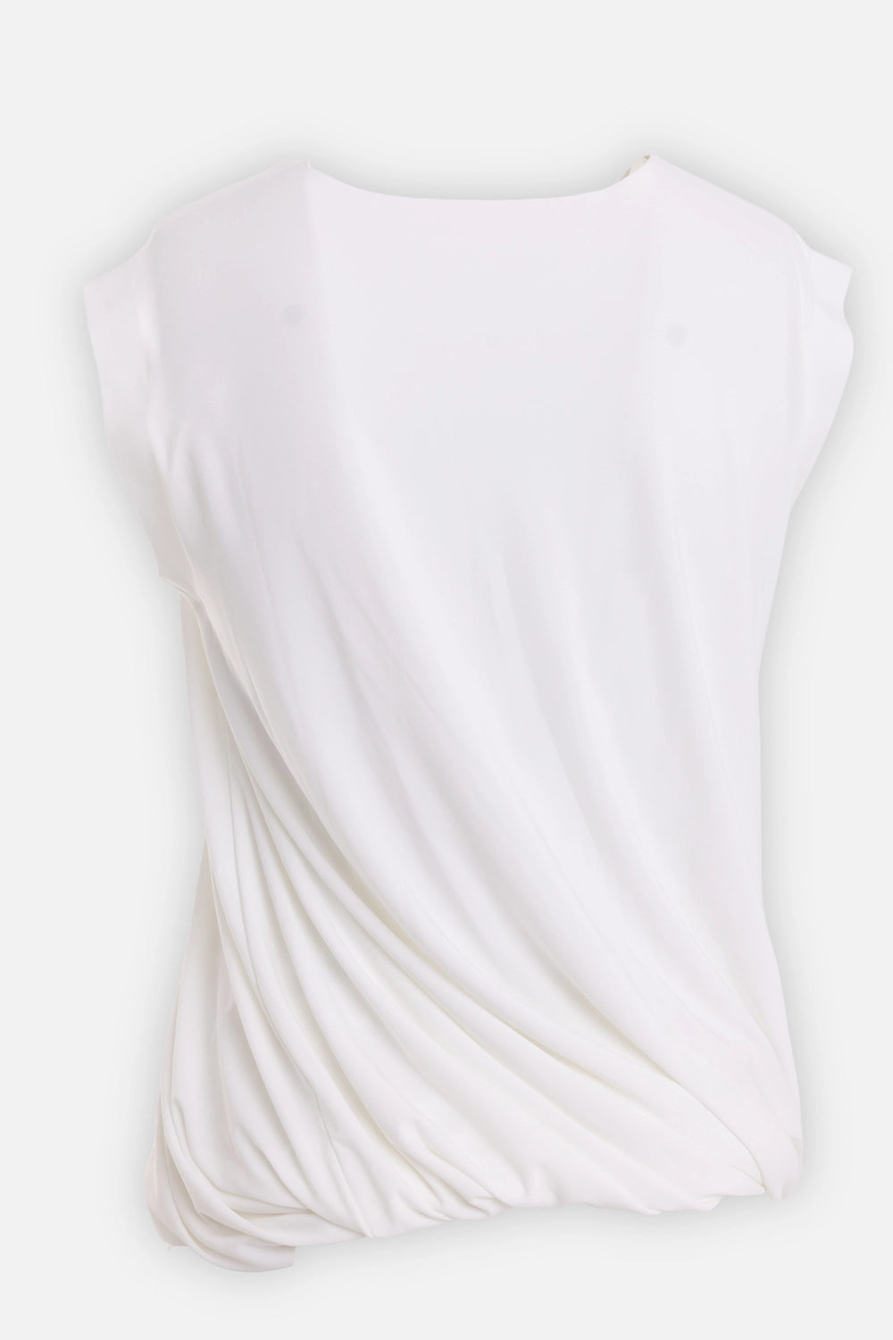 Norma Kamali women's Sleeveless Twist Top in snow white, back view with diagonal draping and bubble hem