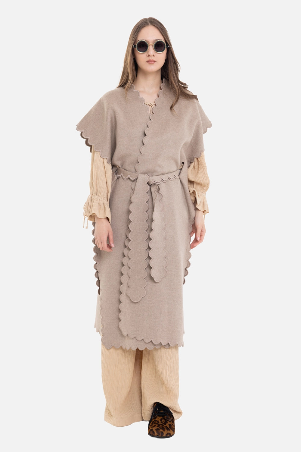 By Malene Birger women's sleeveless wool coat in grey brown melange, on-model full-length view, waist tie