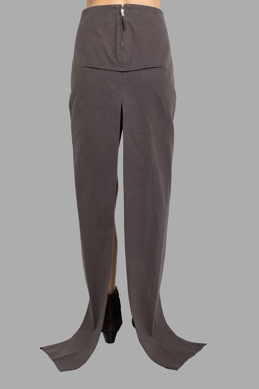 Rick Owens women’s sliced maxi skirt in ash, back view with exposed zipper and high back slit