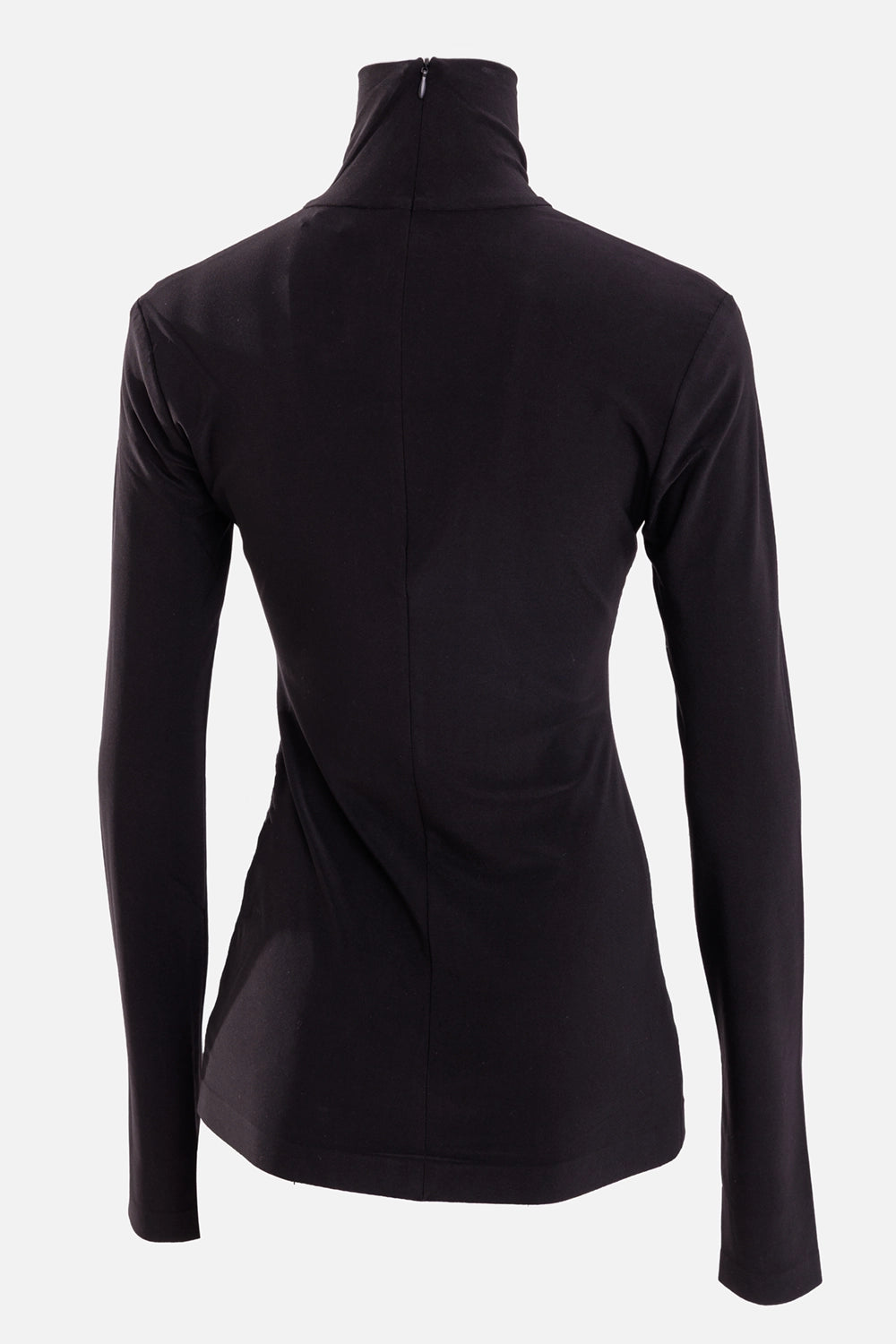 Norma Kamali women's black turtleneck top, back view with concealed neck zip and center seam