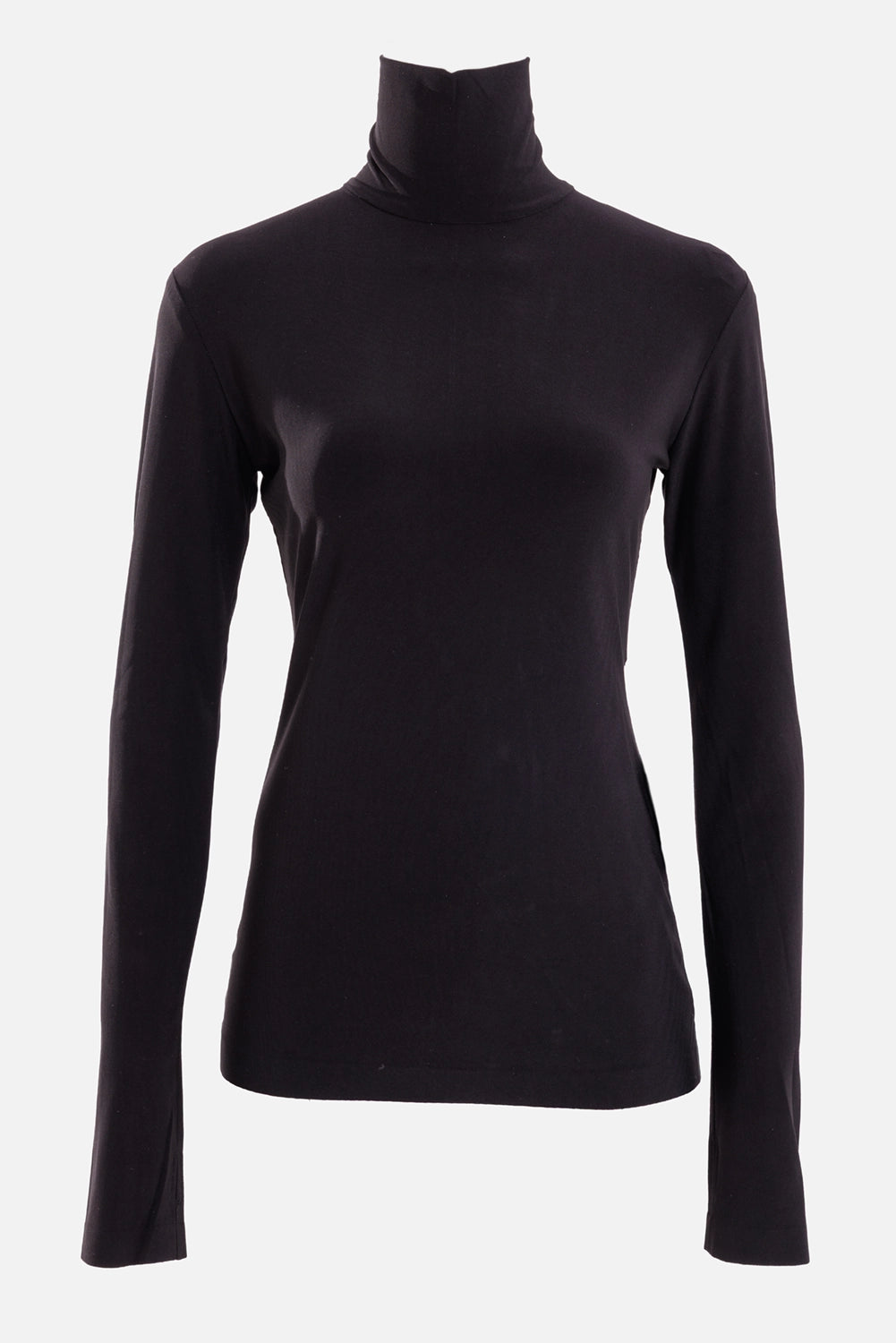 Norma Kamali women's black turtleneck top, front view with high neck, long sleeves and straight hem