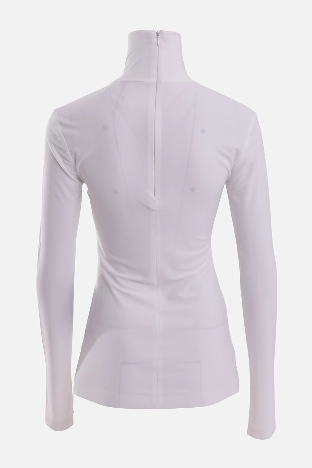 Norma Kamali women's Snow White turtleneck top, back view with a concealed center zip and fitted waist