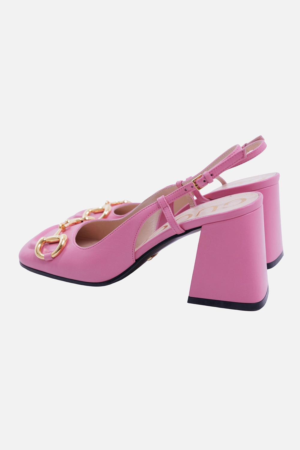Gucci women's slingback pumps in pink leather, rear 3/4 view with adjustable straps and sculpted block heels