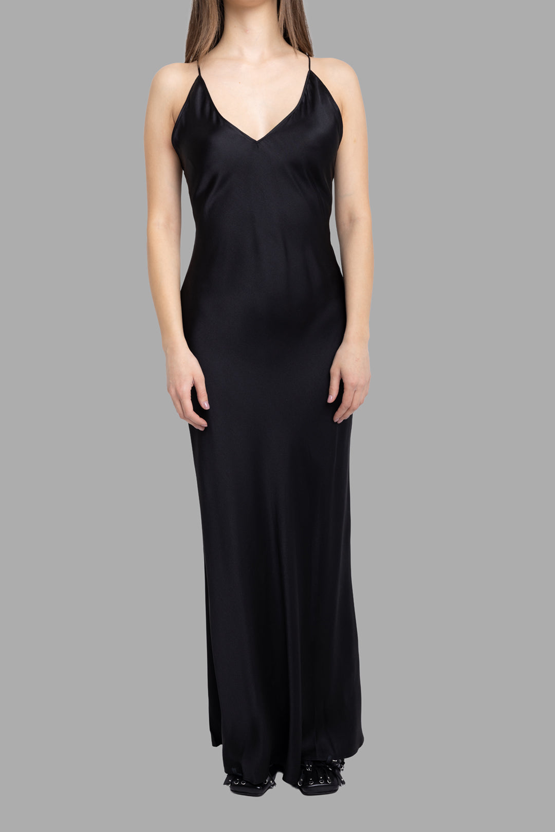 Anine Bing women's black Laurel slip dress, front view showing delicate straps and smooth satin drape