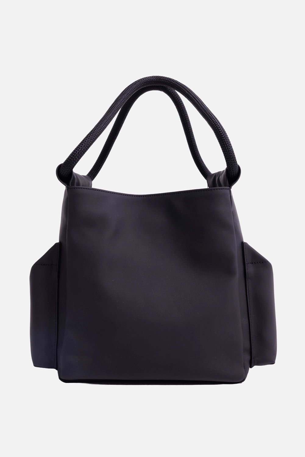 Vivienne Westwood Alton tote bag in black, back view with smooth coated body, side pockets and rope handles