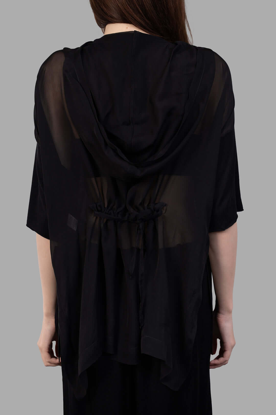 Masnada Layered T-shirt featuring a hood and open back detail, made from luxurious black silk. Designed in Italy.