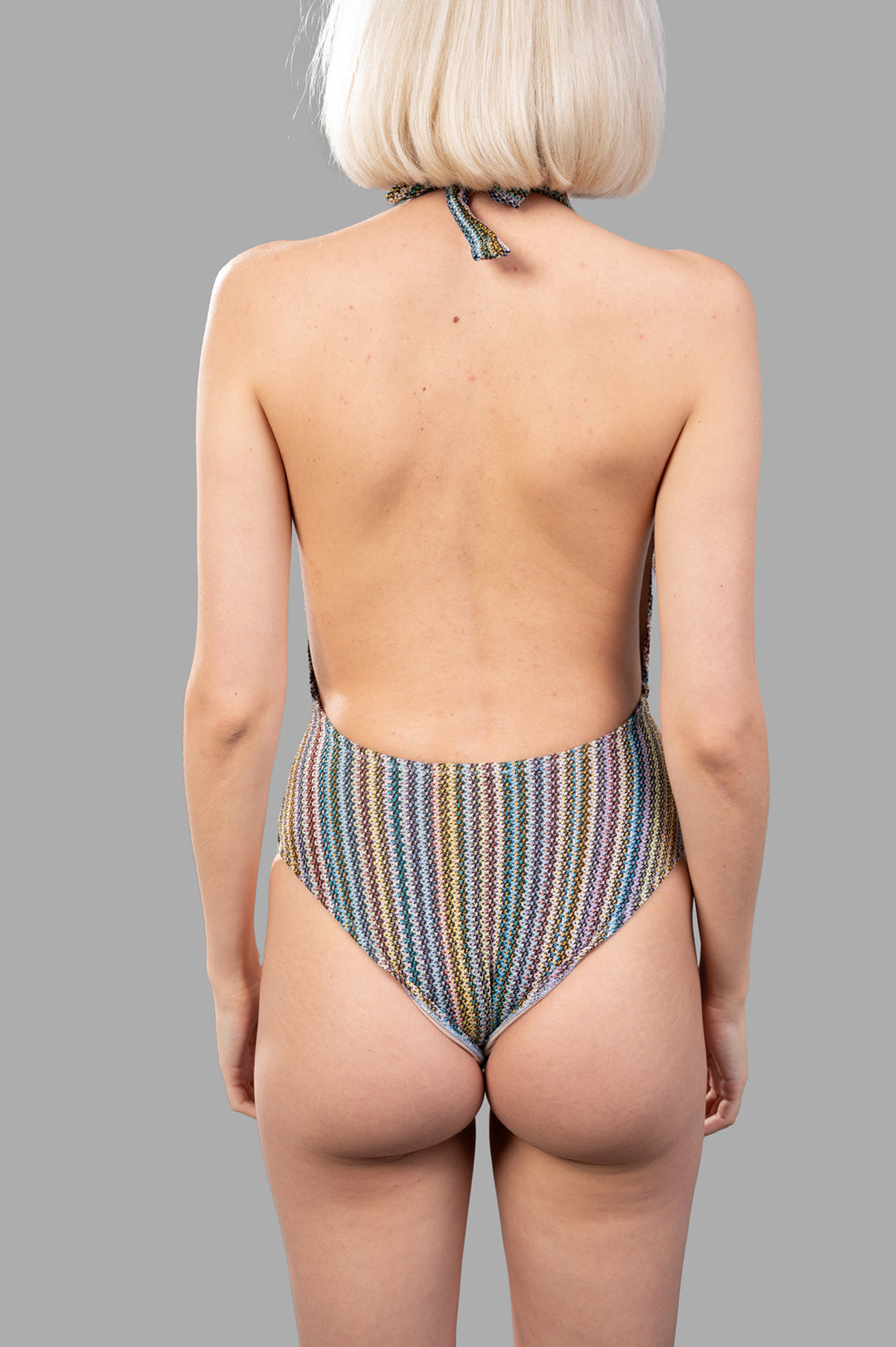 Anjuna Striped One-piece Swimsuit featuring a back view with a plunging halter design and vibrant striped pattern.