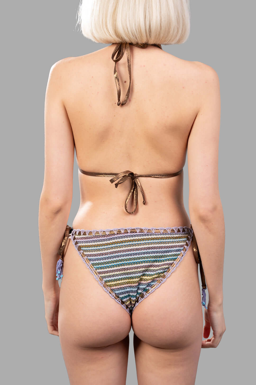 Anjuna Striped Triangle Bikini Set showcases a stylish back view of the triangle top and tie-side bottoms in multicolor.