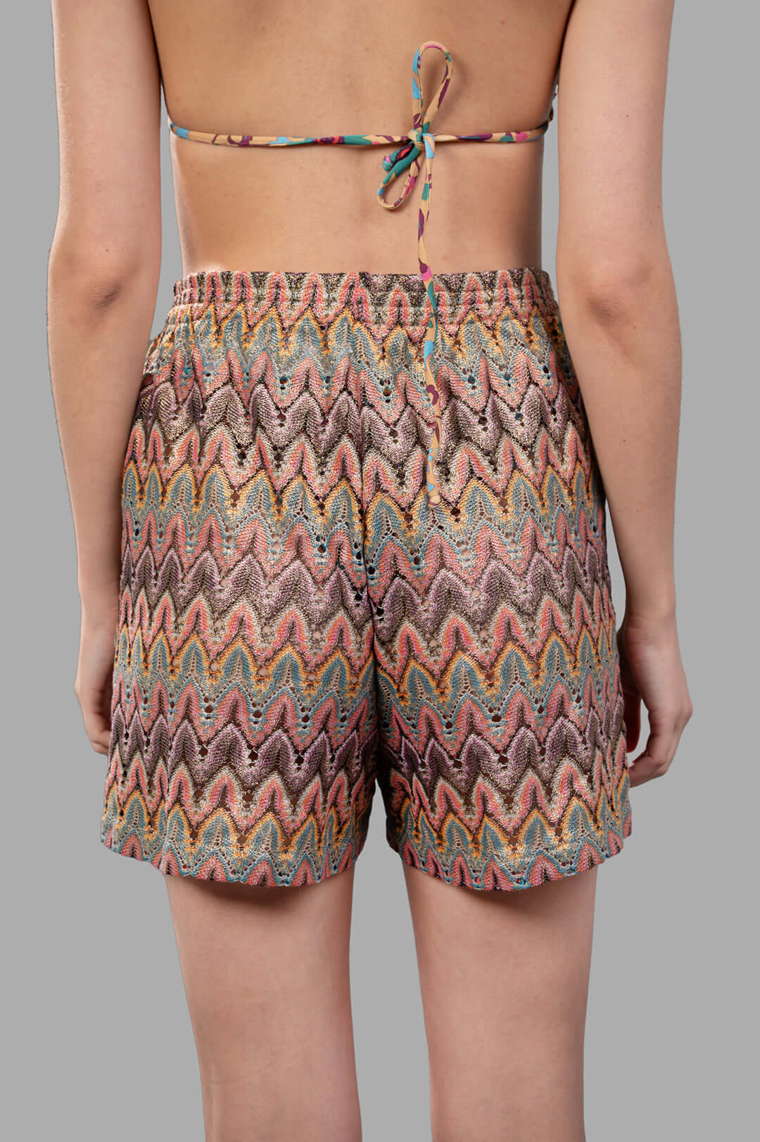 Anjuna Zig Zag Knit Shorts shown from the back, featuring a vibrant multicolor zigzag pattern and elastic waistband.