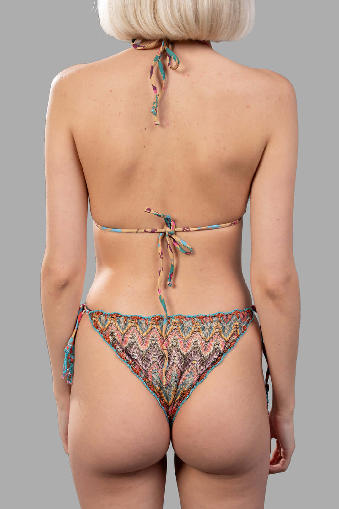 Anjuna Zig Zag Wavy Triangle Bikini Set, multicolor, back view showcasing tie-side bottoms and halter neck detail.