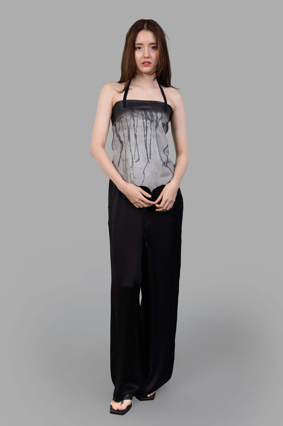 Giovanni Cavagna Gradient-print Top in grey, front view, worn as an elegant sleeve top and scarf.