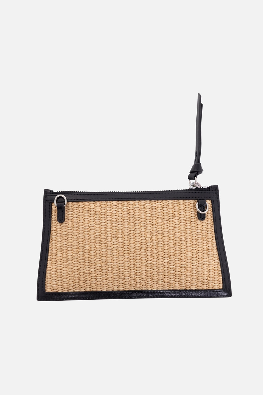 Vivienne Westwood women's clutch in natural, back view with black trim, wrist strap and silver rings