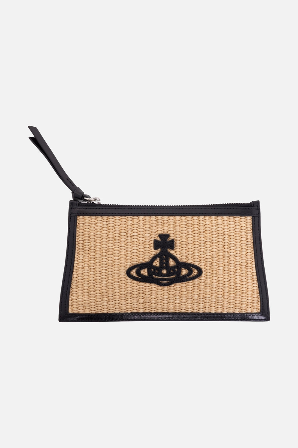 Vivienne Westwood women's clutch in natural, front view with black Orb applique and wrist strap