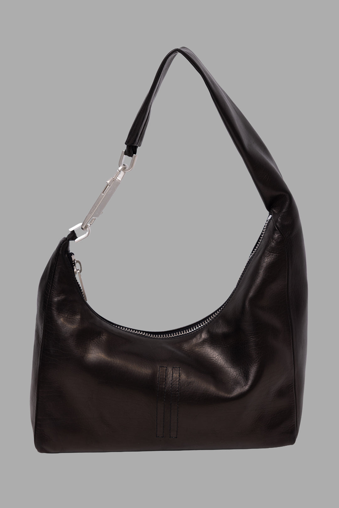 Rick Owens black small Gemini leather shoulder bag, side view with curved silhouette and subtle stitched detail.
