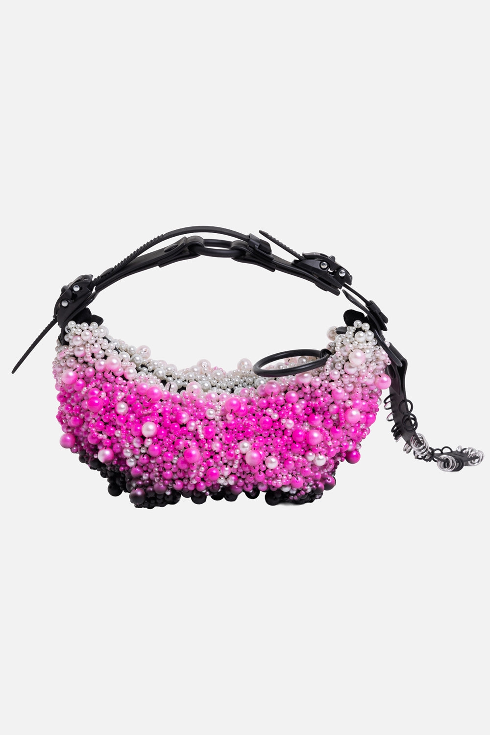 INNERAUM women's small pearls handbag in pink patchwork, front view, gradient faux pearls and curved top handle