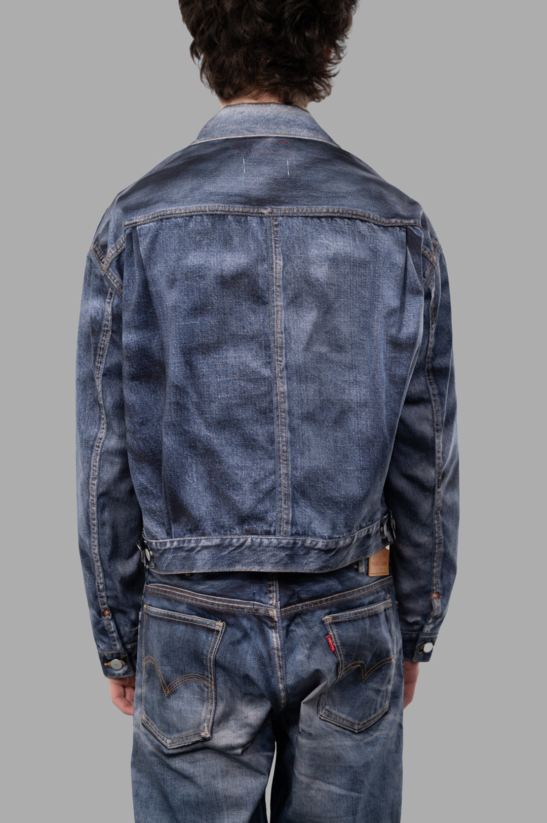 Junya Watanabe x Levi's Nylon Twill Jacket, back view showcasing blue denim and classic collar design details.