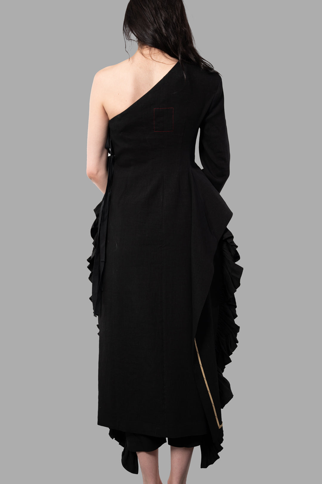 Uma Wang Asymmetric Coat, showcasing unique ruffled detail and sleek silhouette on model from the back.