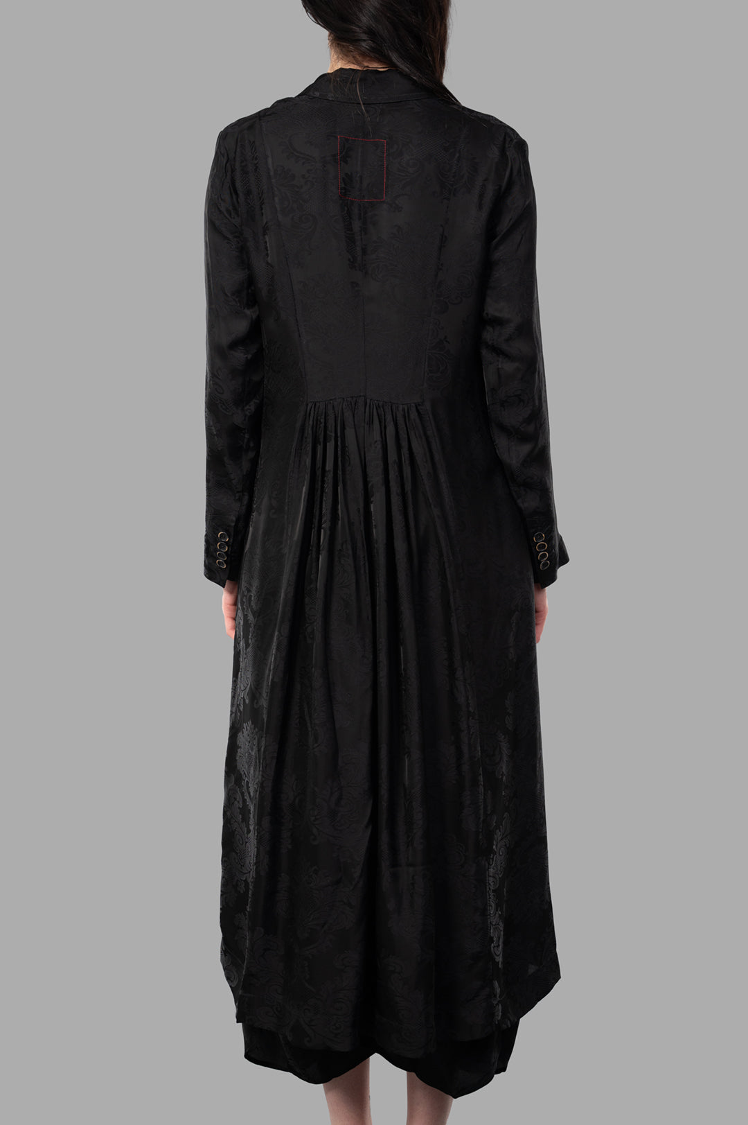 Uma Wang Double-breasted Floral Coat shown from the back, featuring elegant design and rich black fabric texture.