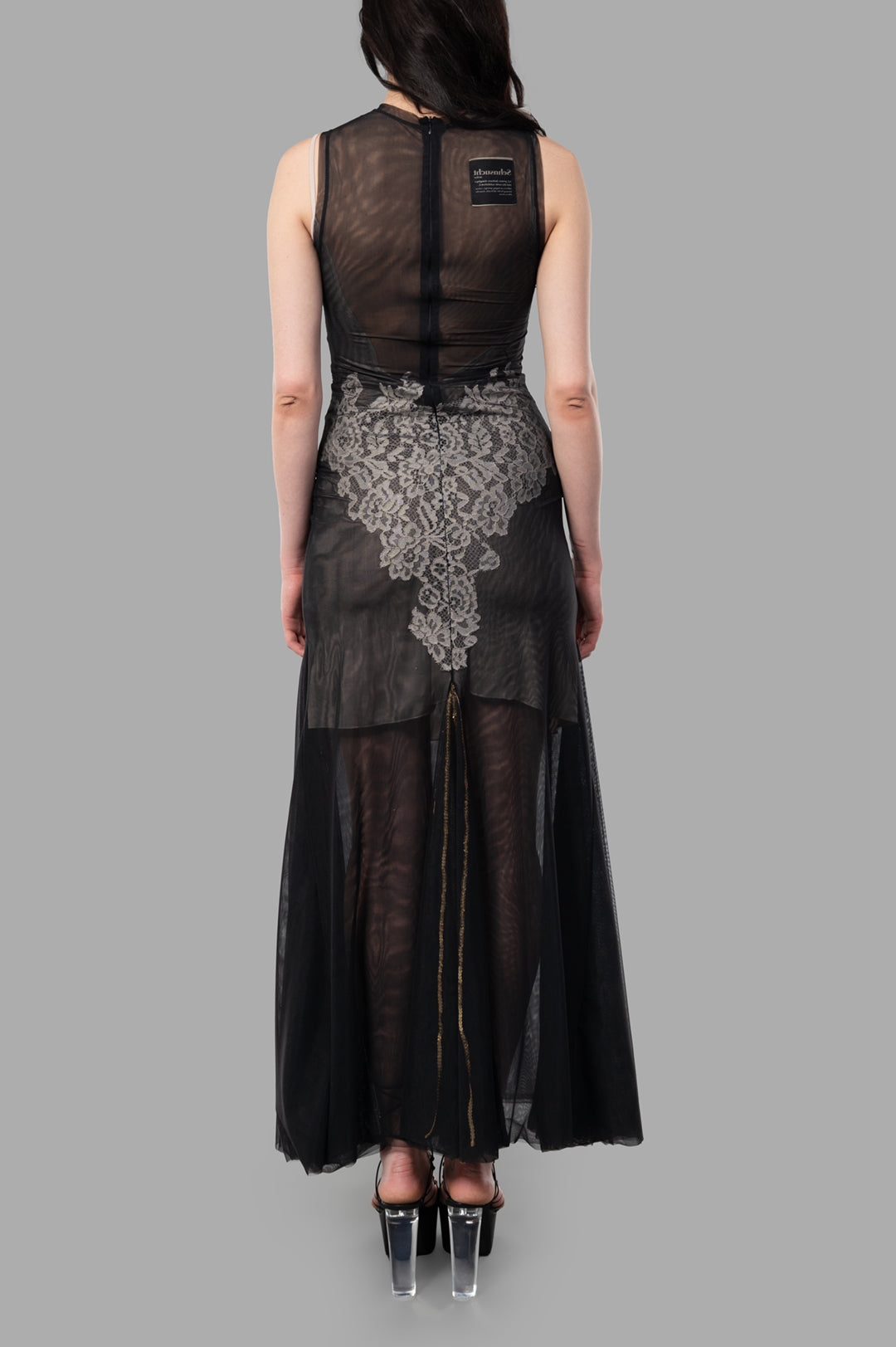 Sehnsucht Atelier Lace-detail Dress in Black, featuring intricate lace design and semi-transparent fabric, shown from the.