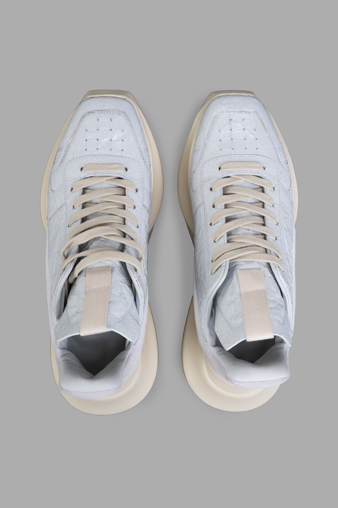 Rick Owens Hollywood Geth Runner in white, highlighting the bold geometric sole and unique play of angles from above.