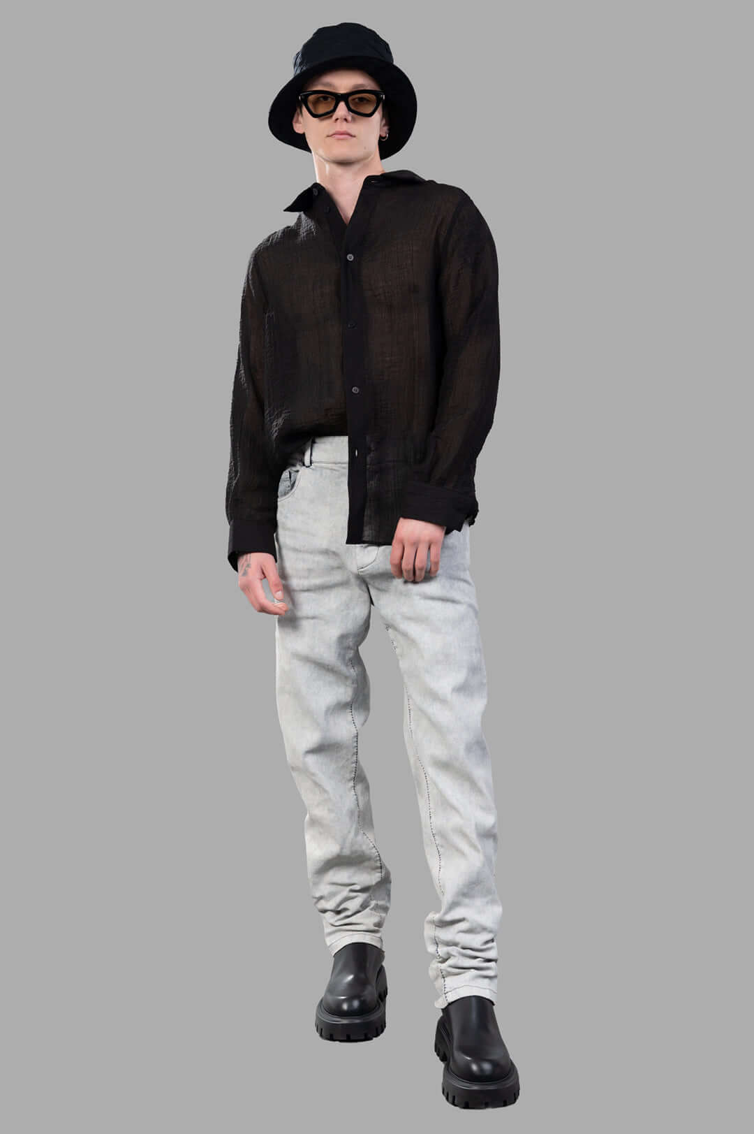 Justin Gall Crinkled Shirt in black with semi-transparent texture, front view on-model, showcasing relaxed silhouette.