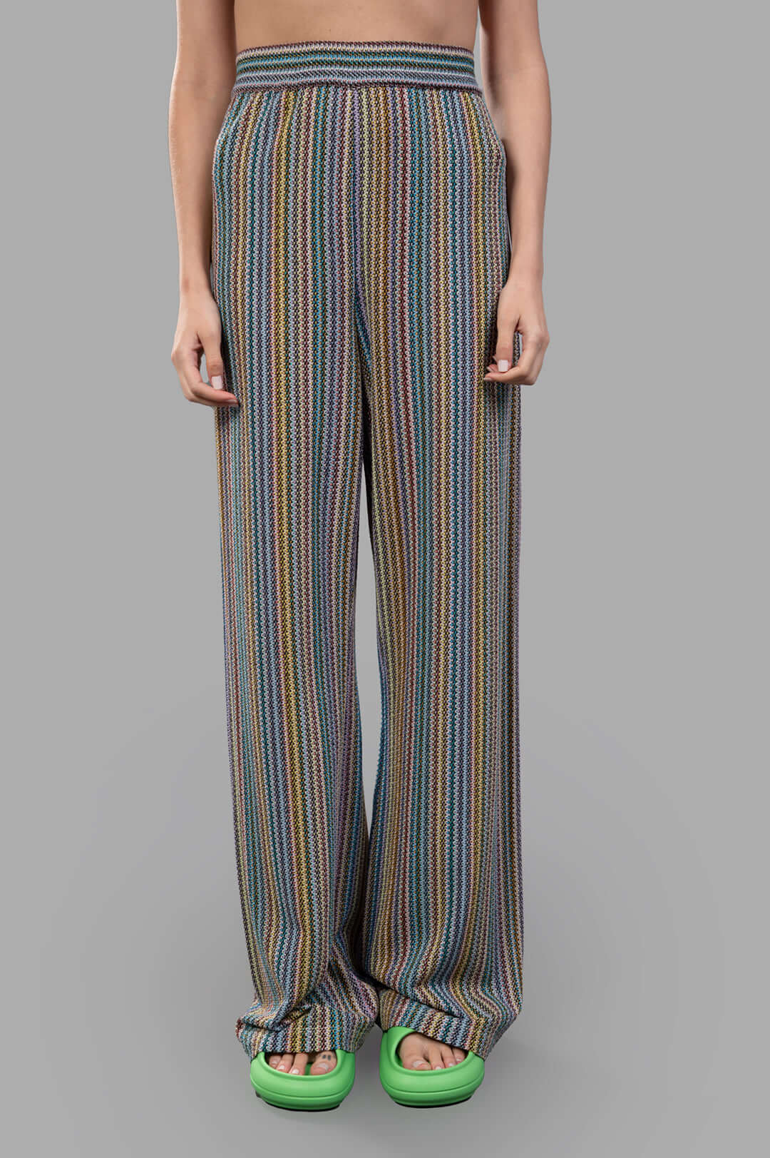 Anjuna Striped Knit Trousers displayed front view featuring multicolor stripes and a relaxed fit, perfect for resort wear.