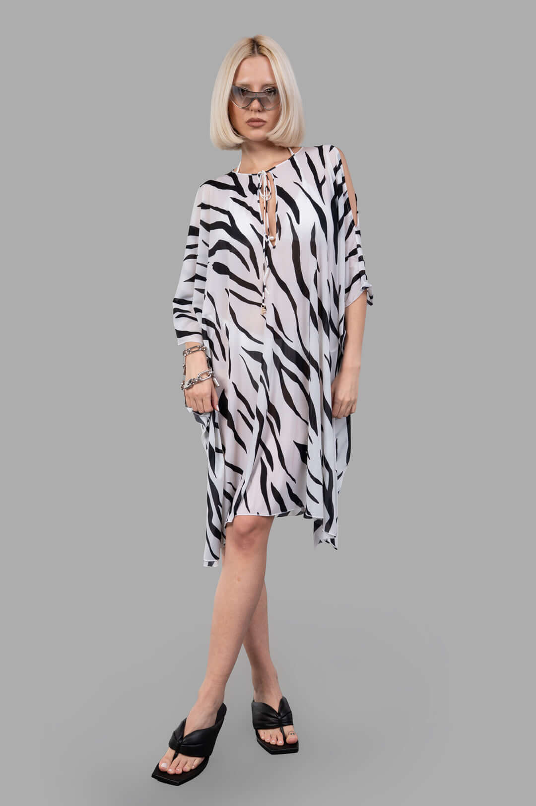 Fisico Zebra Bikini Cover Up, front view on-model, black and white pattern, luxurious fabric, sleek and glamorous design.