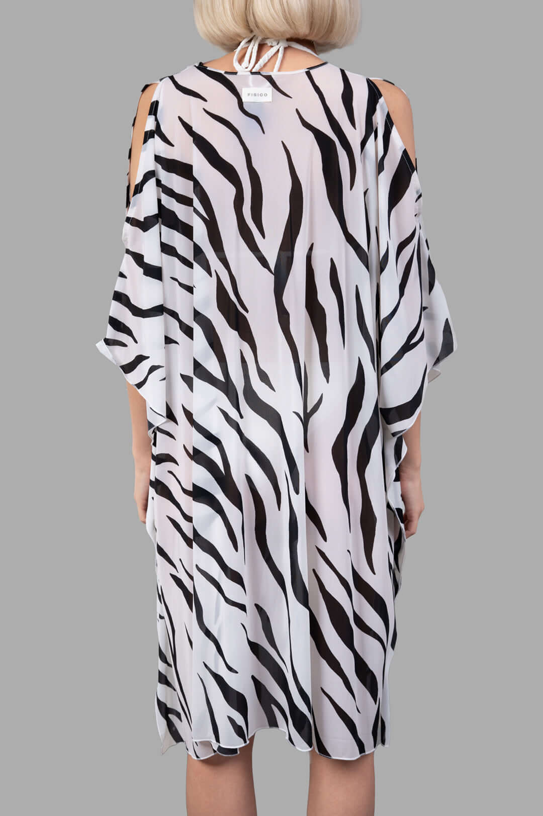 Fisico Zebra Bikini Cover Up showcases a chic black and white zebra print, designed with elegant cold-shoulder details.