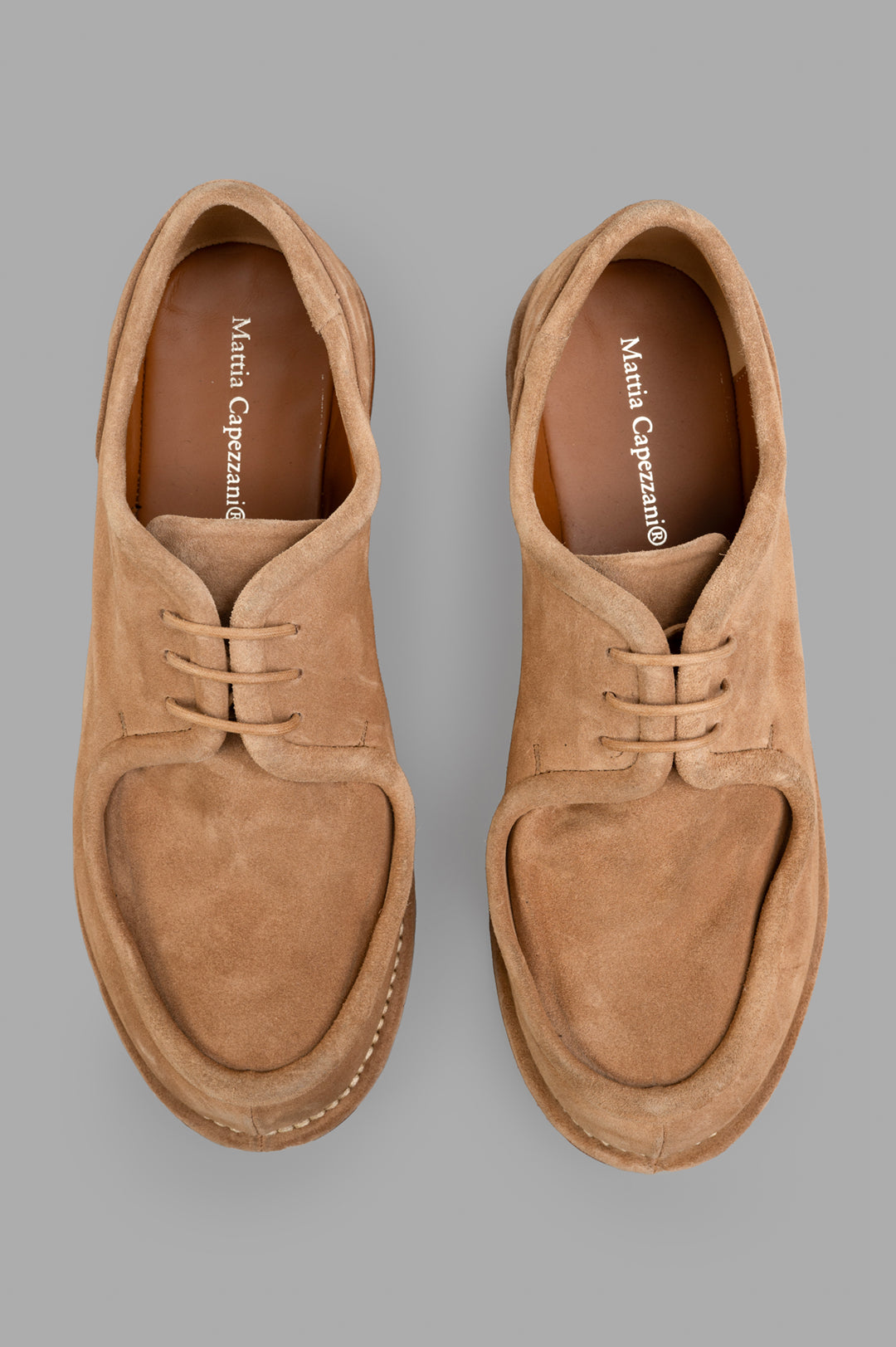 Mattia Capezzani Laced Suede Shoes in Tabacco, top view showcasing soft leather texture and intricate lacing design.