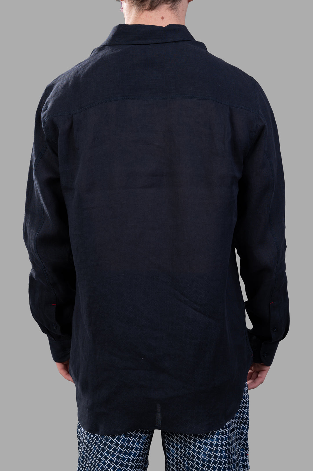 Orlebar Brown Linen Shirt displayed from the back, featuring a tailored fit in navy blue 100% linen fabric.