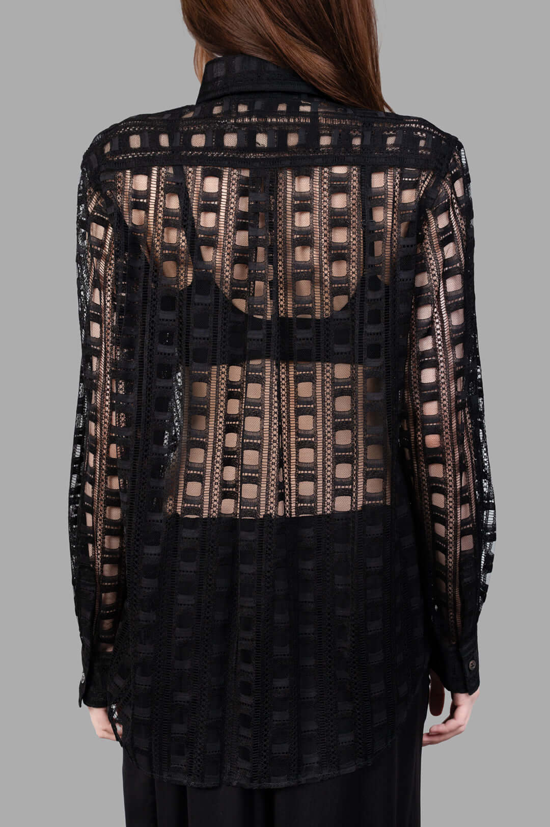 Comme des Garçons Embroidered Shirt, elegant black design with detailed back view showcasing intricate embroidery and texture.