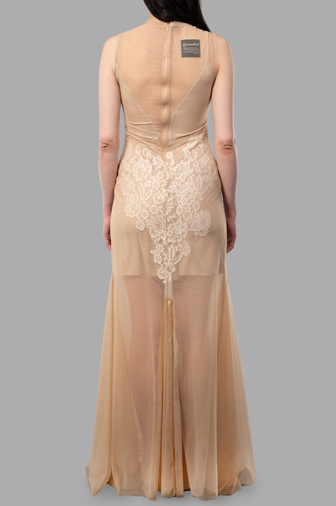 Sehnsucht Atelier Lace-detail Dress in Beige, showcasing intricate lace back detail and semi-transparent fabric on model.